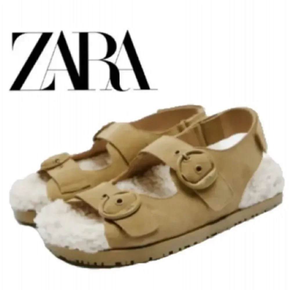 Zara Brown Tan Leather Buckled Flat Sandals Shoes Size 10